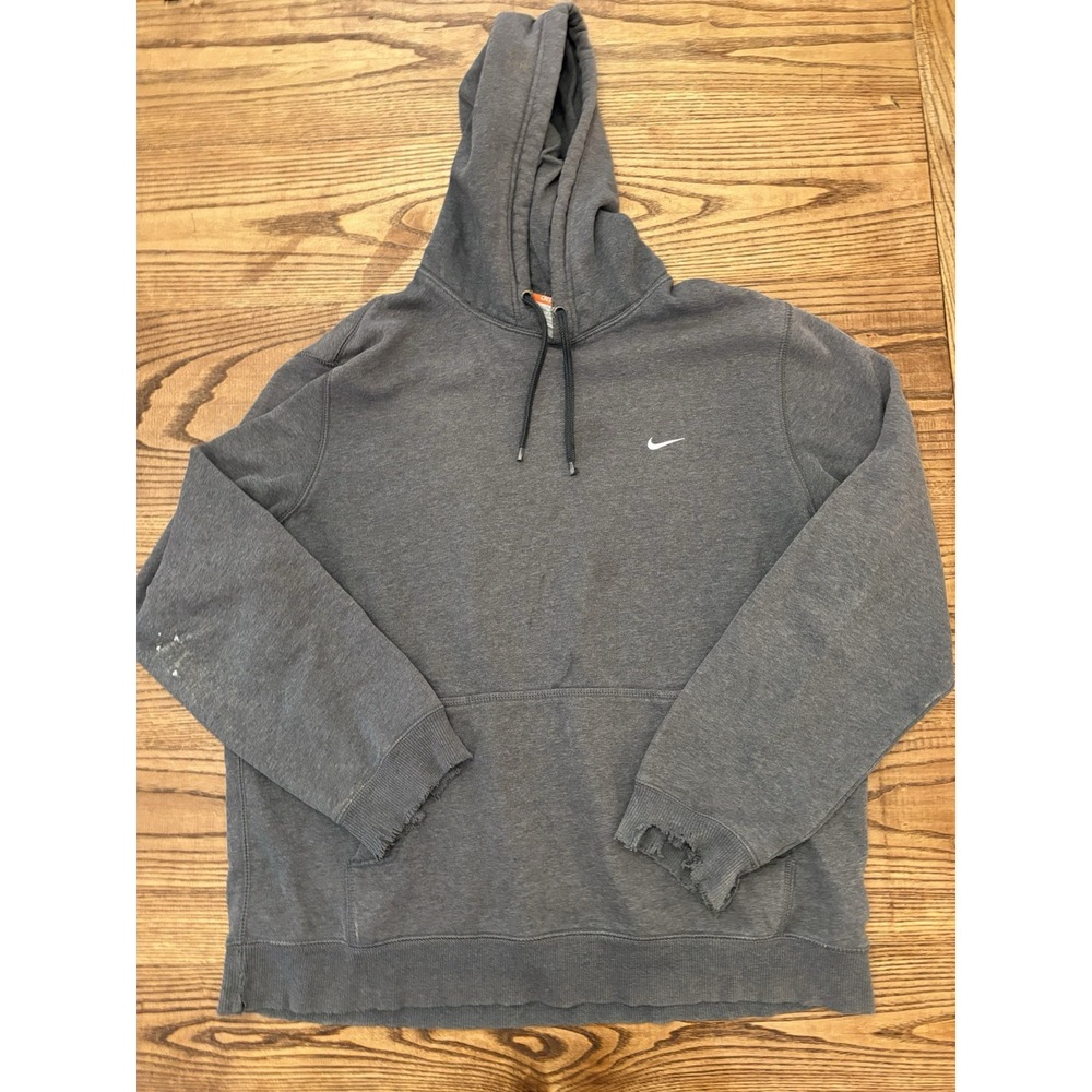 Vintage Y2K Nike Men's XL Grey Swoosh Thrashed Distressed Hoodie Sweatshirt